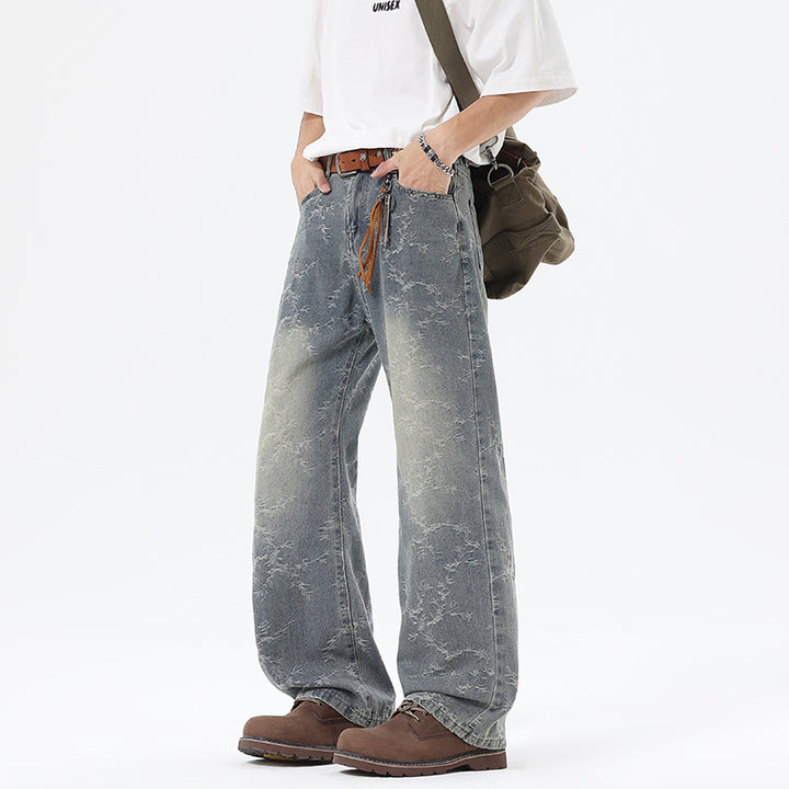 Men's Wide Cut Vintage Denim Pants in Baggy Look with Marble Wash and Low Crotch Mune Fashion