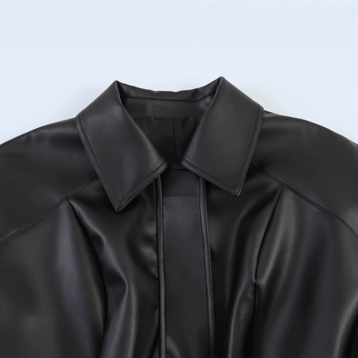 Women's Tailored Vegan Leather Wrap Jacket with Tunnel Drawstring Belt and Oversized Sleeves Mune Fashion