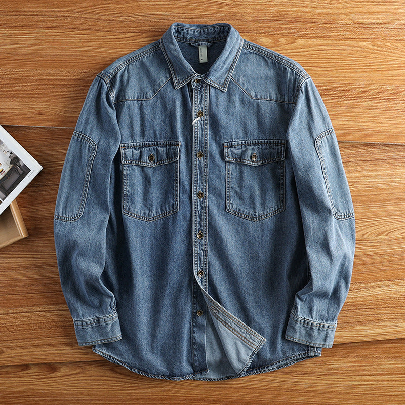 Men's Relaxed Denim Jacket with Flap Pockets, Reinforced Elbows and Visible Button Placket Mune Fashion