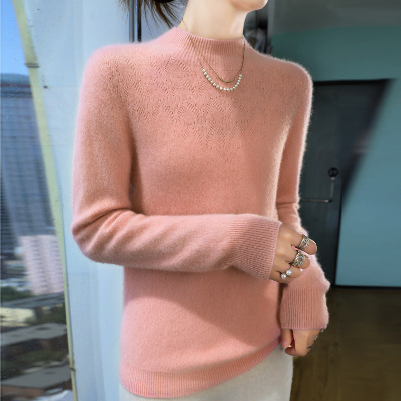 Women Slim Minimalist Stand Collar Fine Knit Sweater with Ribbed Neck Mune Fashion