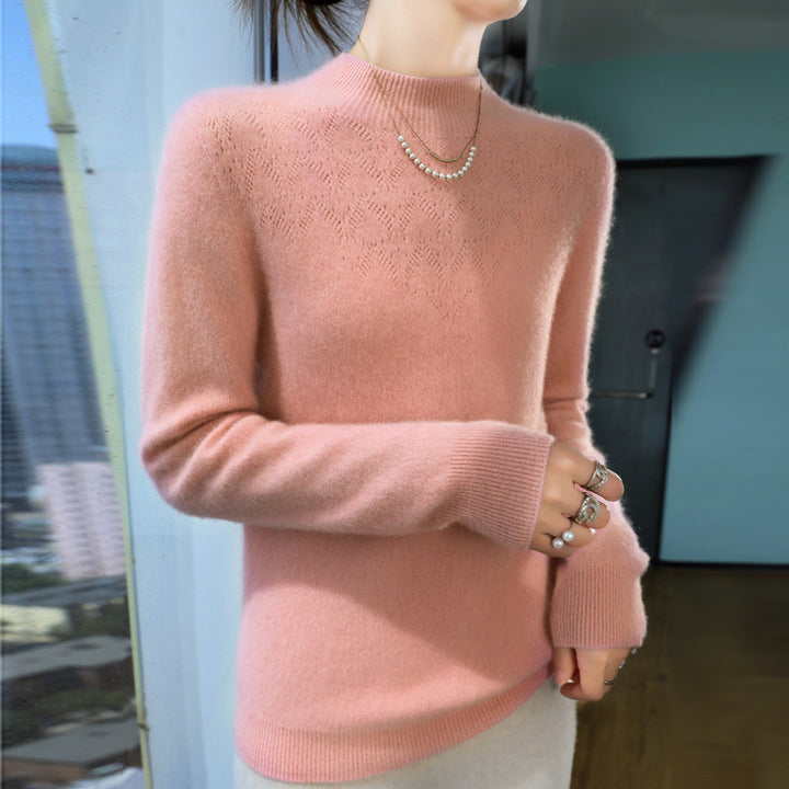 Women Slim Minimalist Stand Collar Fine Knit Sweater with Ribbed Neck Mune Fashion