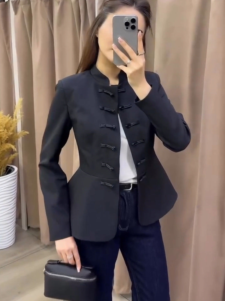Women's Tailored Military-Inspired Jacket with Stand Collar, Drawstring Closures, and Peplum