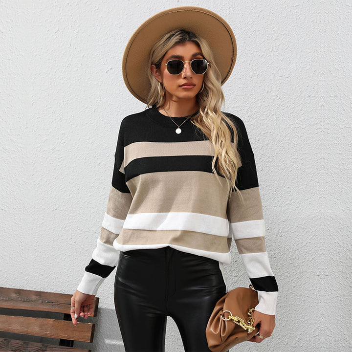 Women Striped Oversized Fine Knit Sweater with Round Neck and Ribbed Cuffs Mune Fashion