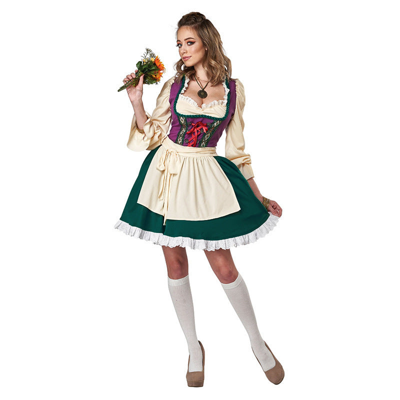 Women’s traditional dirndl dress with apron, laced corset, and ruffled sleeves Mune Fashion