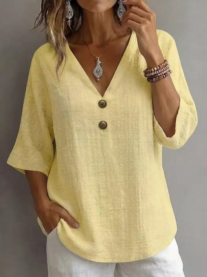 Women's Casual V-Neck Top with Button Details Mune Fashion