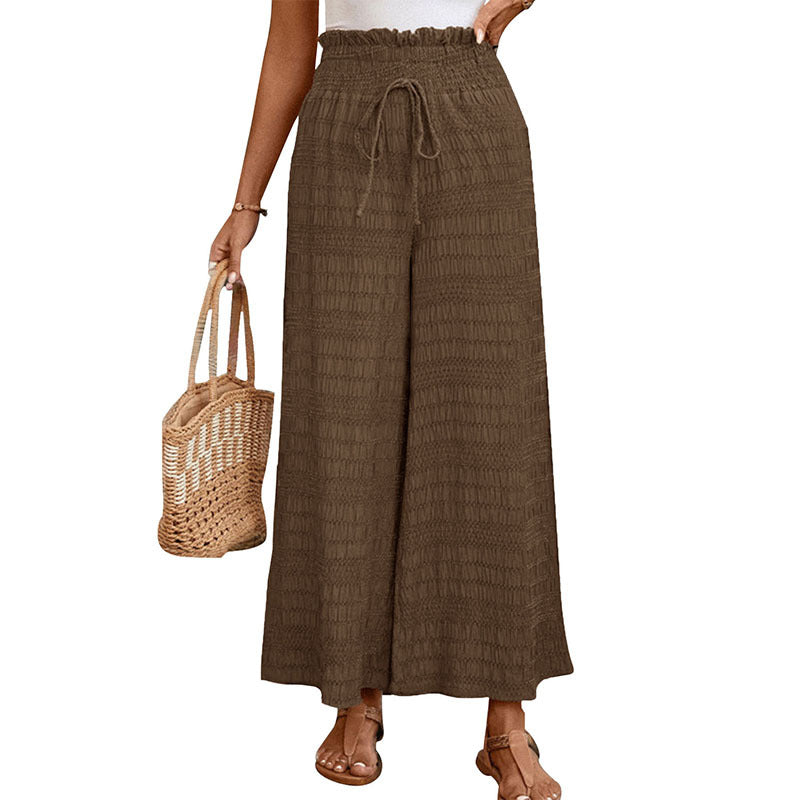Women's wide high-waisted summer pants with smocked waistband and drawstring Mune Fashion