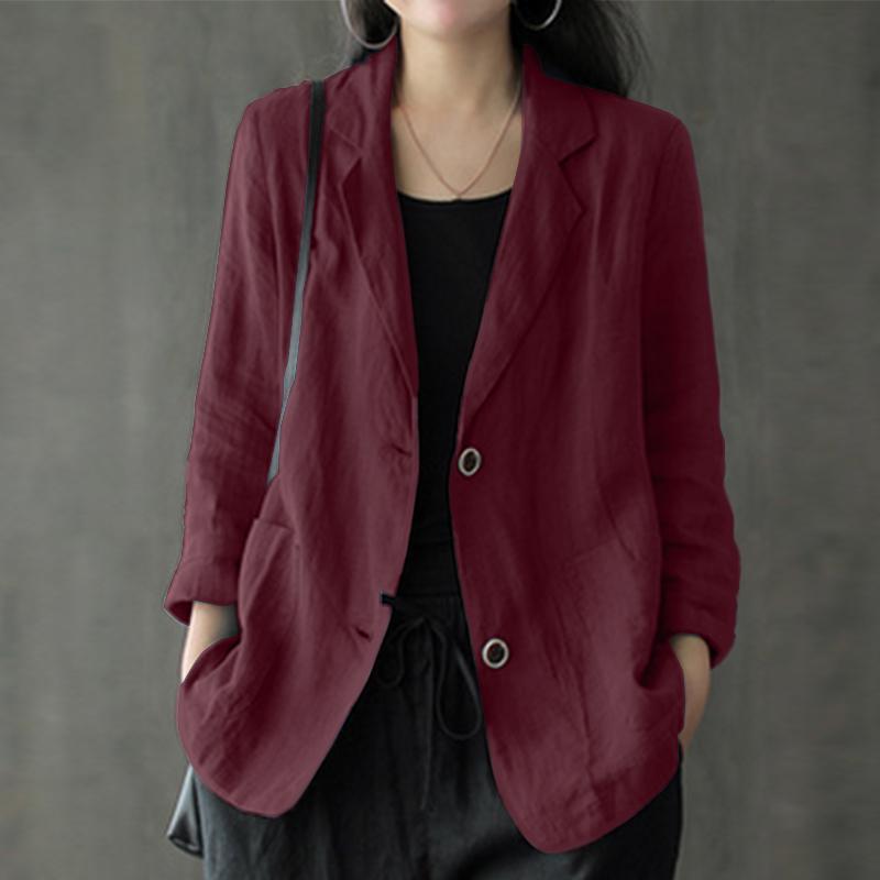 Women's linen blazer in a casual style with a loose fit and patch pockets