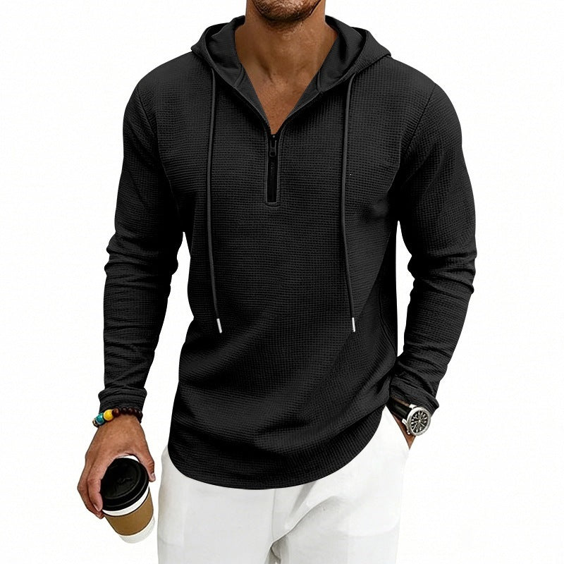 Men's Casual Waffle Fabric Hoodie with Half Zipper and Hood Mune Fashion