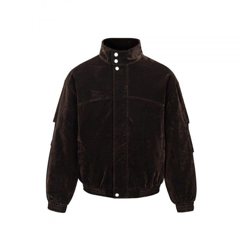 Men's velvet bomber jacket with stand collar, concealed snap button placket, and elastic hem Mune Fashion