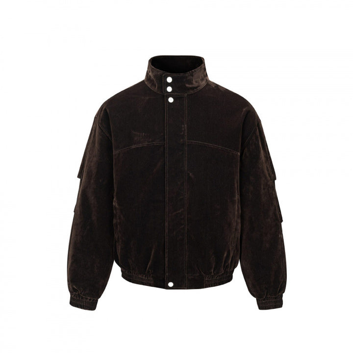 Men's velvet bomber jacket with stand collar, concealed snap button placket, and elastic hem Mune Fashion