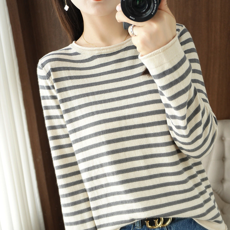 Women’s maritime inspired cotton fine-knit sweater with stripes and slightly boxy silhouette Mune Fashion