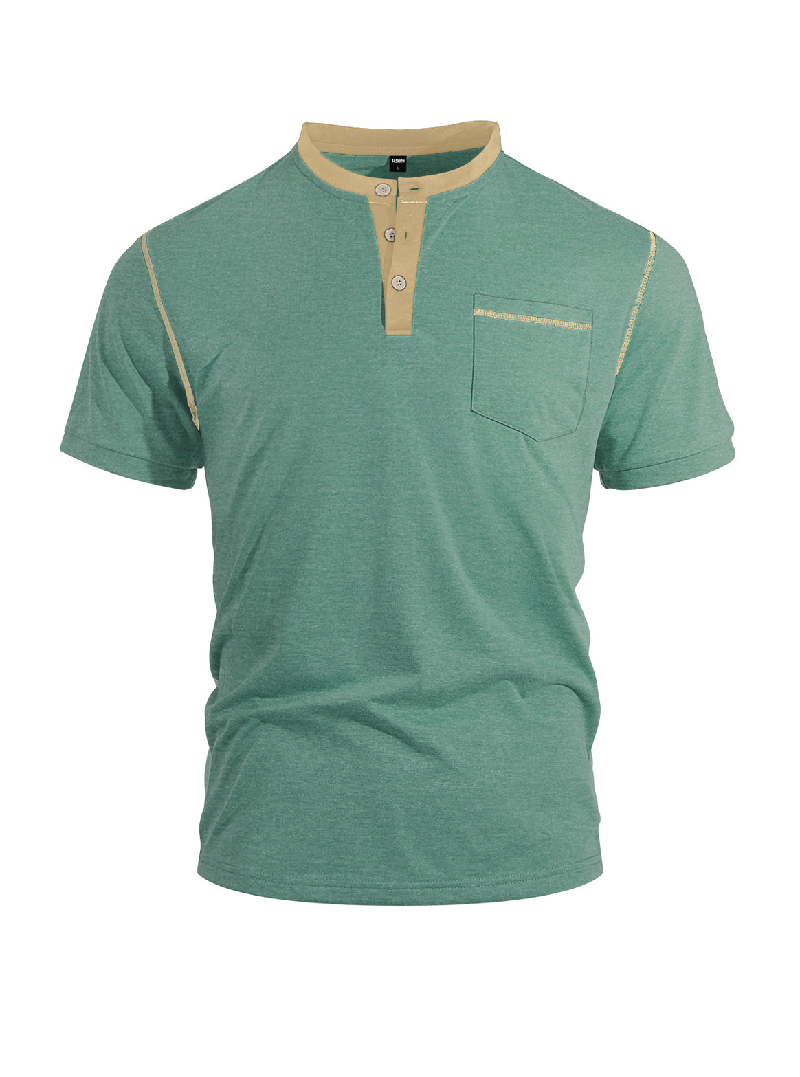 Men's short-sleeve band collar shirt with button placket, chest pocket, and flatlock seams Mune Fashion