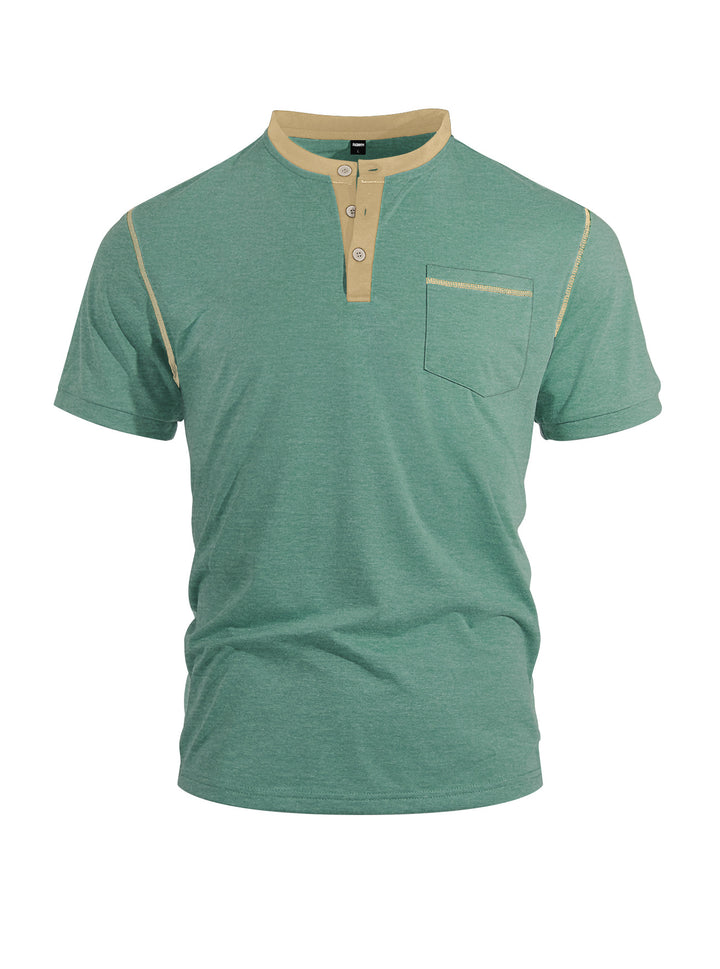 Men's short-sleeve band collar shirt with button placket, chest pocket, and flatlock seams Mune Fashion