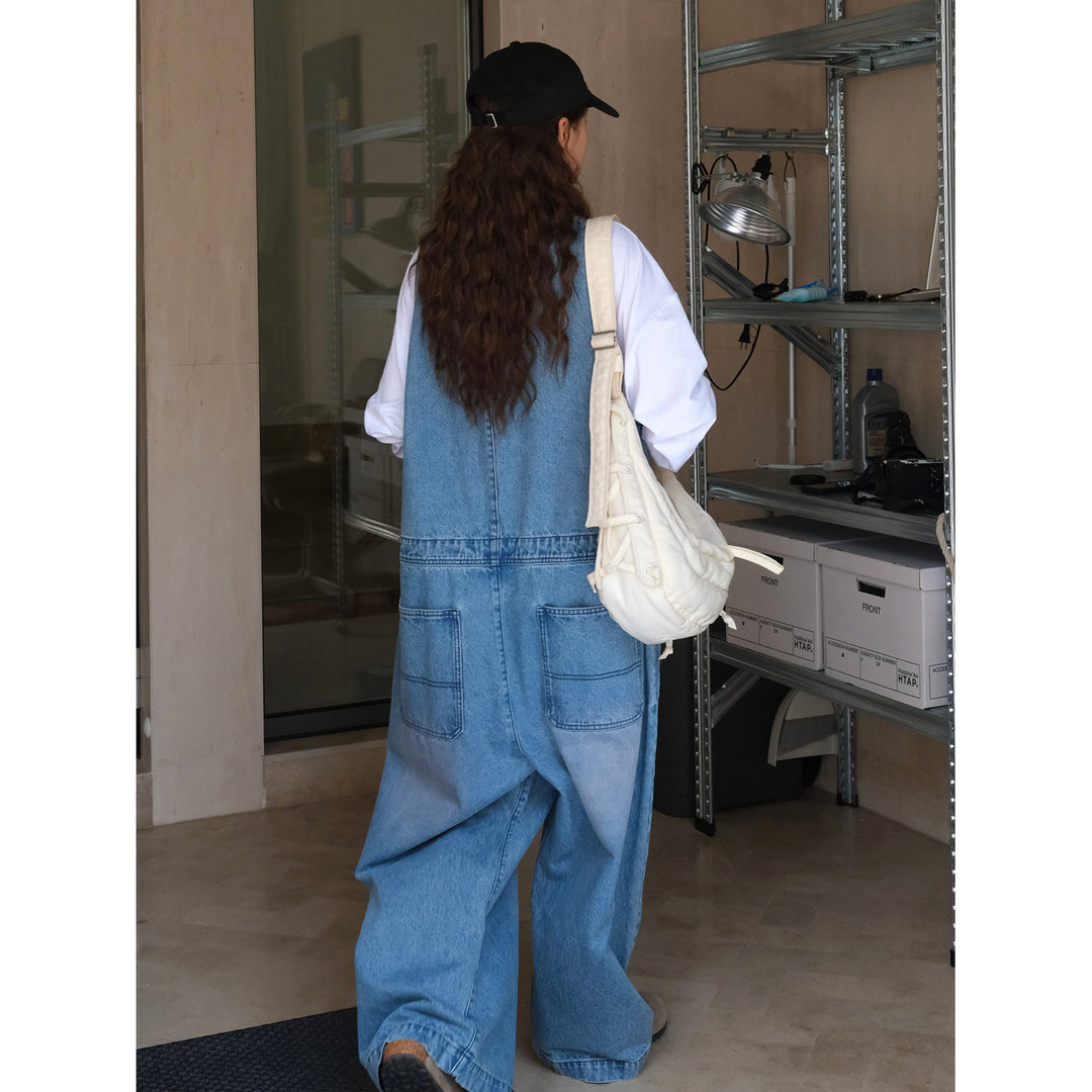 Women's Loose Denim Overalls in Baggy Style with Deep V-Neck and Button Placket Mune Fashion