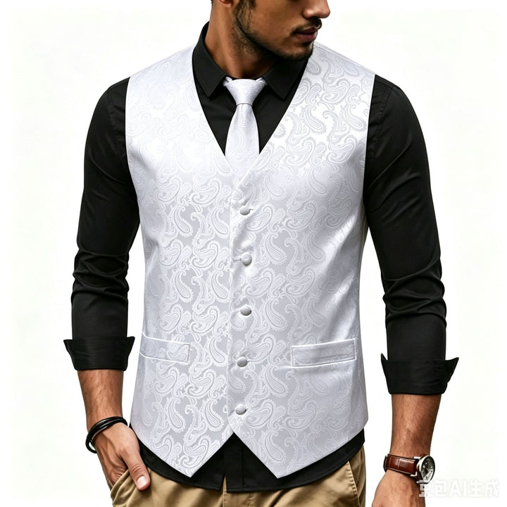 Men's Satin Jacquard Vest with Paisley Pattern and Matching Tie Mune Fashion