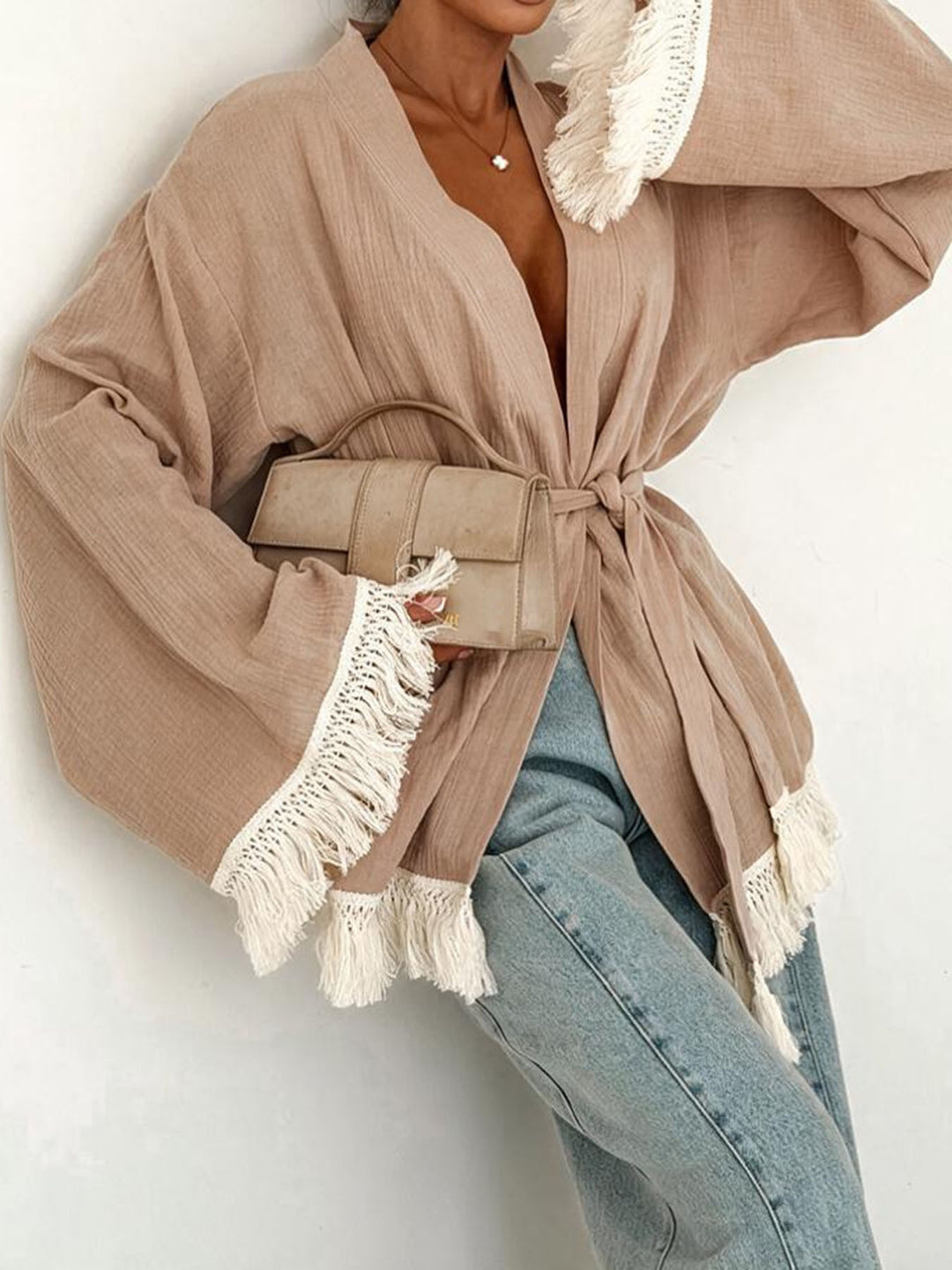 Women's Fringe Kimono Jacket in Linen Look with Waist Belt Mune Fashion