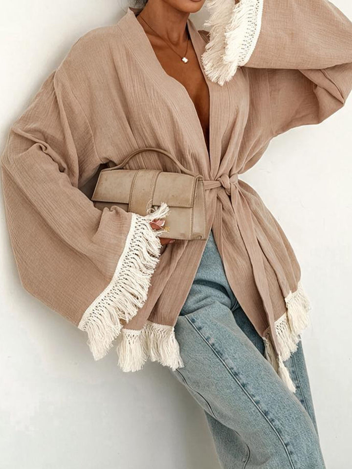 Women's Fringe Kimono Jacket in Linen Look with Waist Belt Mune Fashion