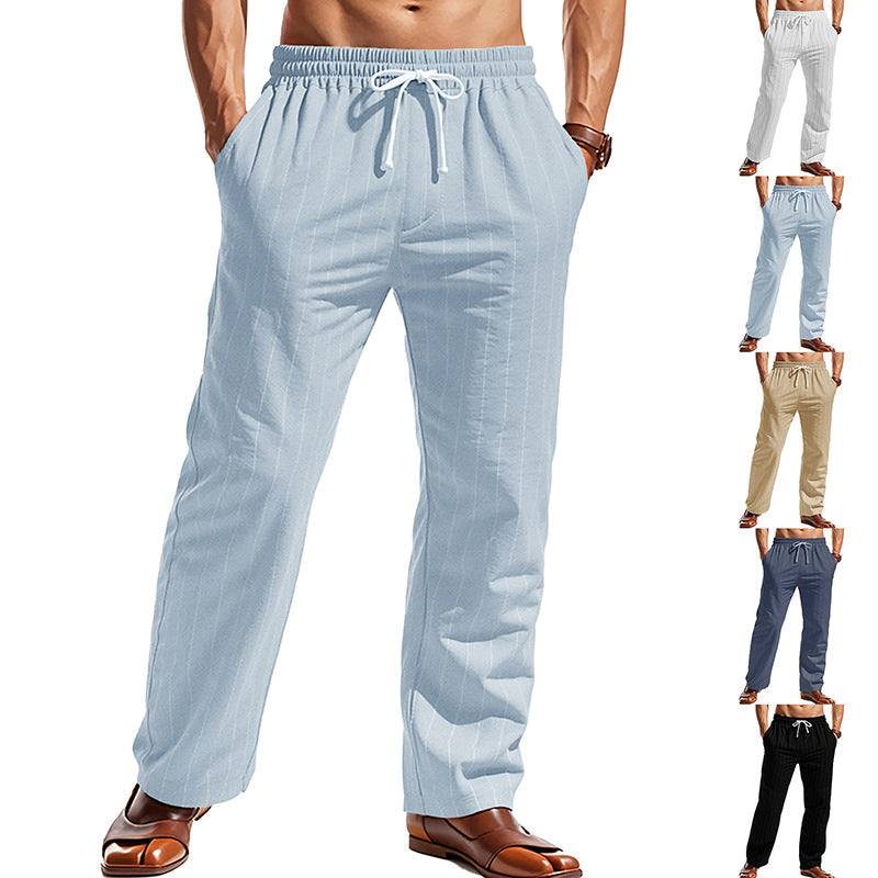Men's elegant pinstripe casual pants with elastic tunnel drawstring waistband, straight leg and corded hem Mune Fashion
