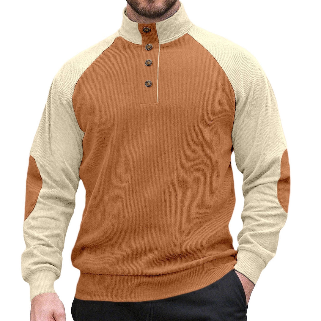 Men's two-tone ribbed troyer with asymmetrical button placket and velour elbow patches Mune Fashion