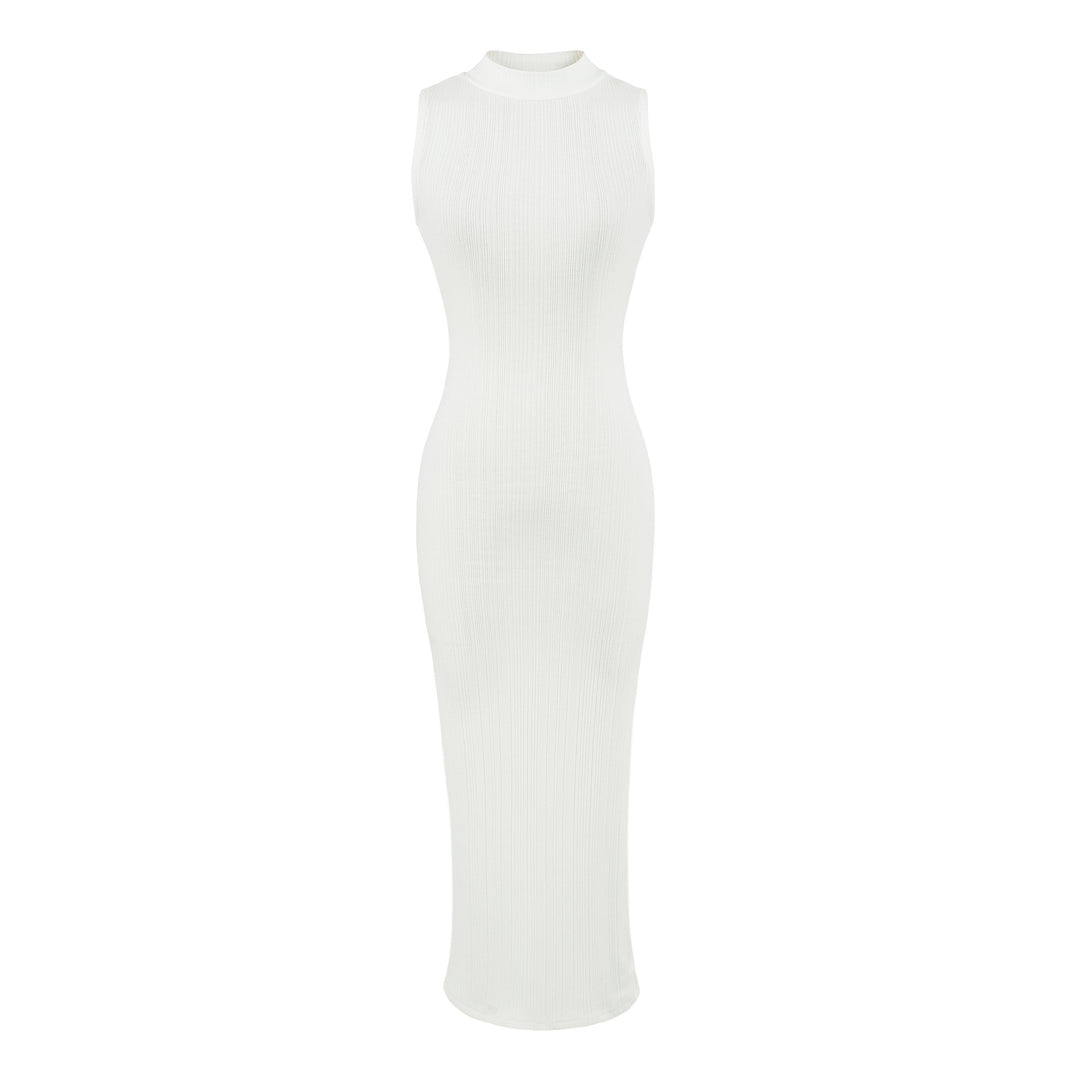 Women’s midi dress in rib knit, sleeveless slim-fit with stand-up collar Mune Fashion