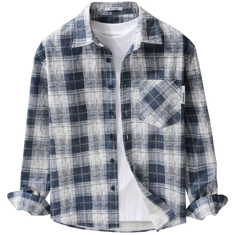 Men's Lightweight Checkered Layering Overshirt made of Cotton-Linen Blend with Diagonal Chest Patch Mune Fashion
