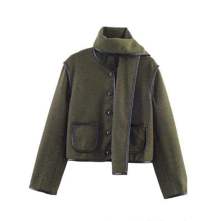 Women’s short jacket in boxy cut made of wool blend with integrated slit scarf and leather piping Mune Fashion