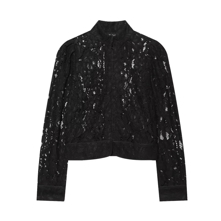 Women's Cropped Lace Jacket with Floral Allover Lace Design and Stand Collar