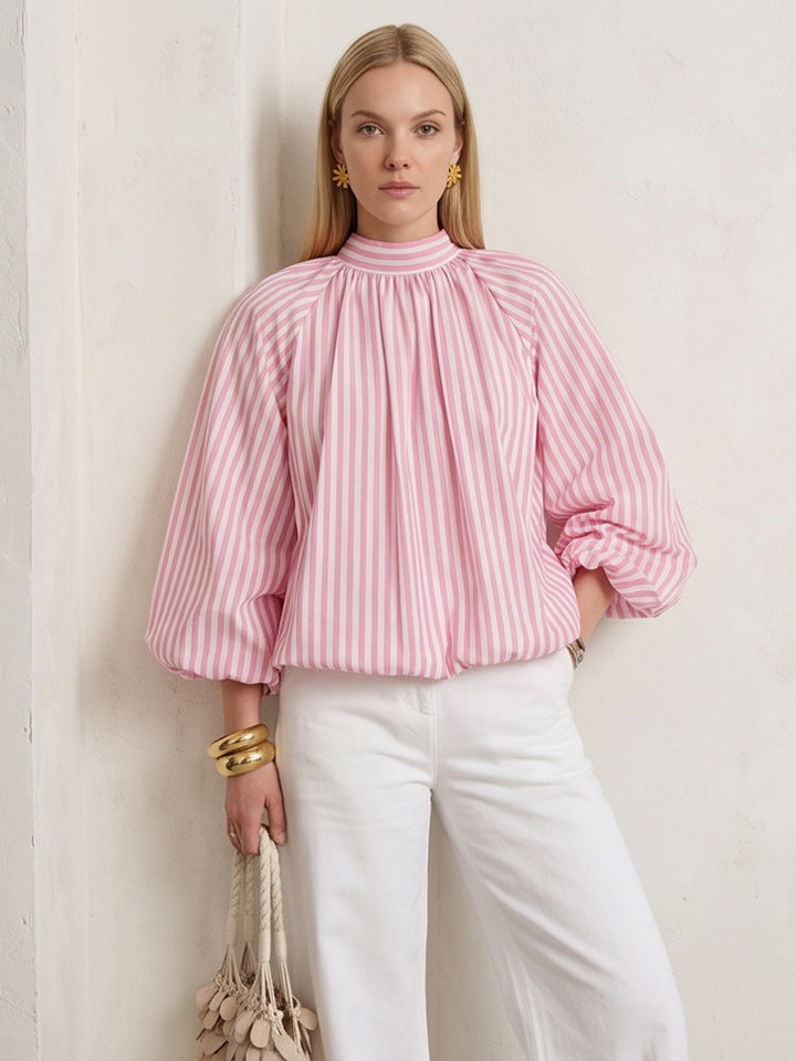 Women Backless Striped Blouse Top with Bow Collar Mune Fashion