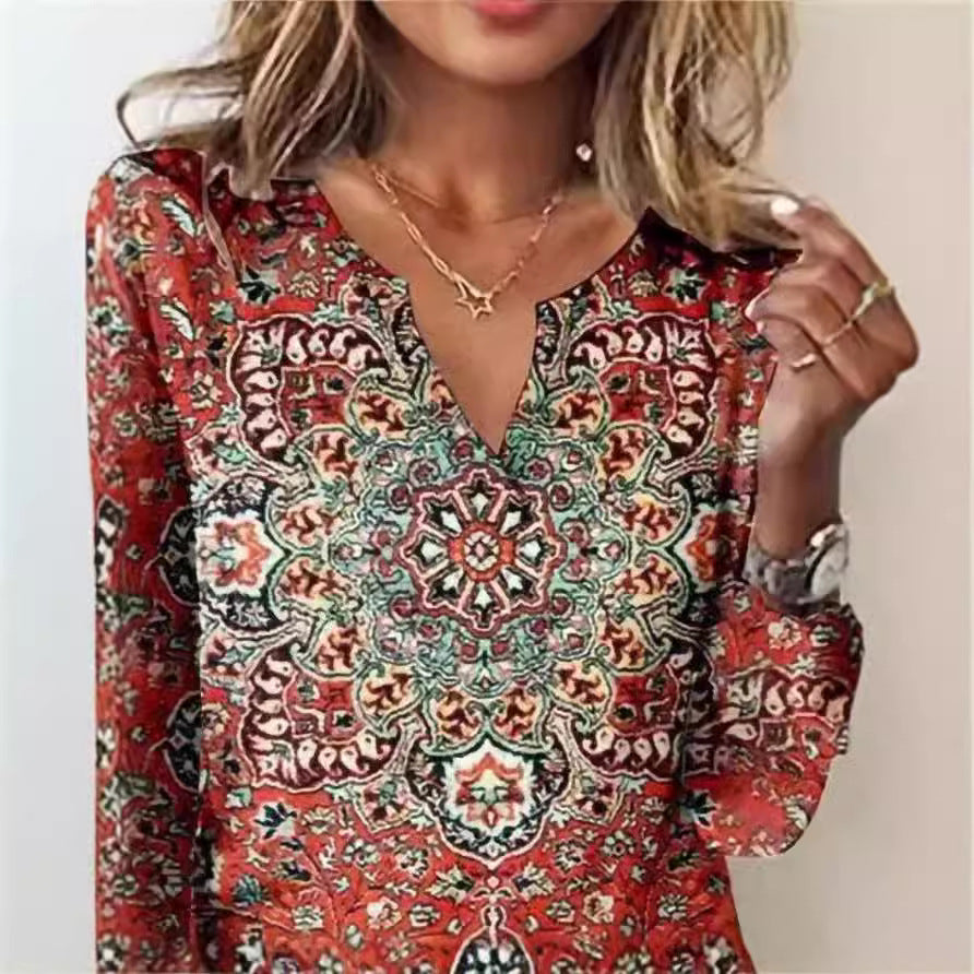 Women's Long Sleeve Blouse with Ornamental Mandala Print and V-Neck