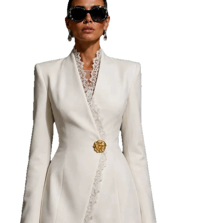 Women's Polka Dot Blazer Dress with Fringed Hem and Detachable Decorative Brooch Mune Fashion