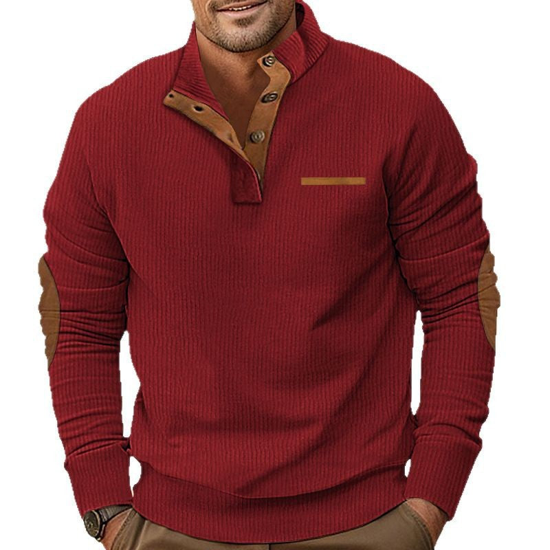 Men's structured half-button stand collar pullover with suede elbow patches Mune Fashion