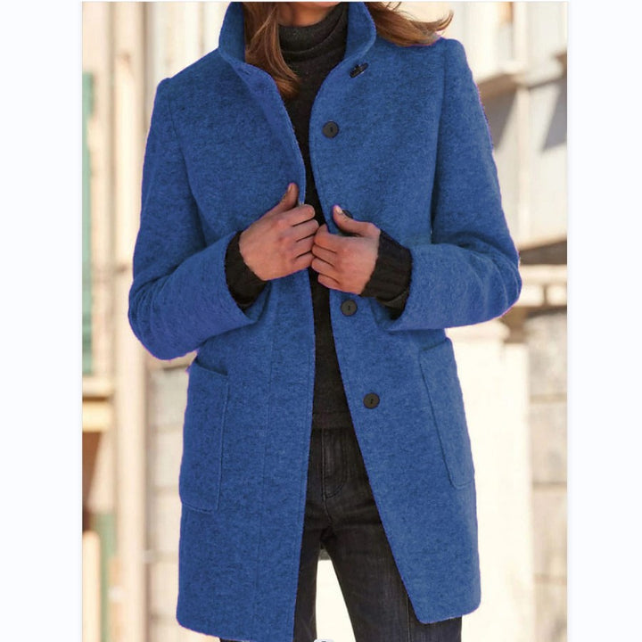 Women's Mid-Length Wool Blend Coat with Stand Collar and Patch Pockets Mune Fashion