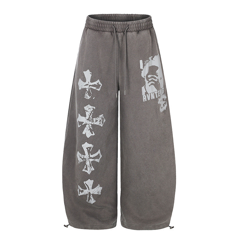 Women's Extra Wide Palazzo Sweatpants with Drawstring Waist, Adjustable Hem, and Gothic Print Mune Fashion