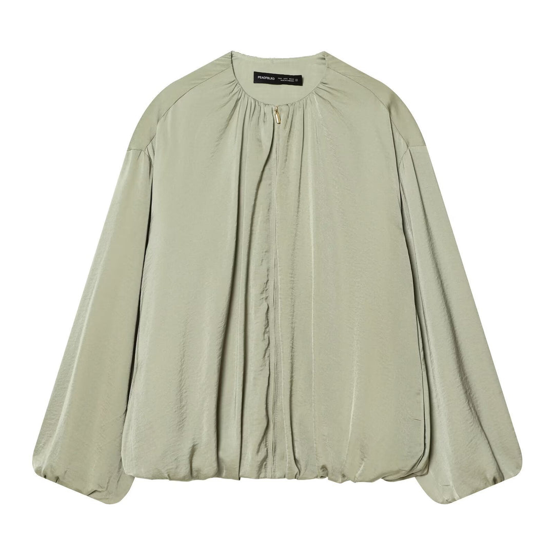 Women's Lightweight Cropped Blouson Jacket with Round Neck, Balloon Sleeves, and Drawstring Hem Mune Fashion