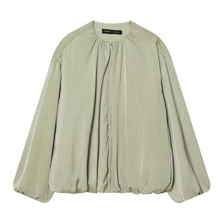 Women's Lightweight Cropped Blouson Jacket with Round Neck, Balloon Sleeves, and Drawstring Hem Mune Fashion