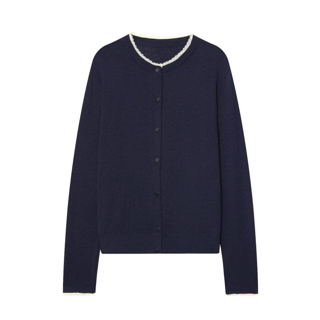 Ladies fine knit cardigan with round neck, button placket and lace trim Mune Fashion