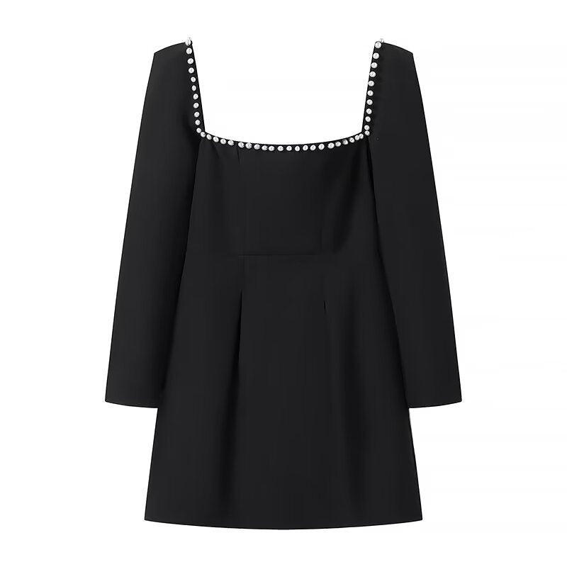 Women Figure-Hugging A-Line Mini Dress with Square Neckline, Long Sleeves and Beaded Detail Mune Fashion