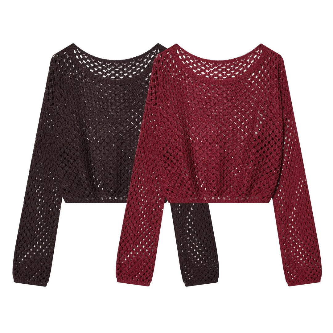 Women's Short Cropped Crochet Sweater with Openwork Pattern and Wide Neckline Mune Fashion