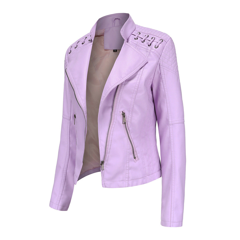 Ladies tailored faux leather biker jacket with quilted shoulder section, asymmetrical zipper and decorative eyelets Mune Fashion