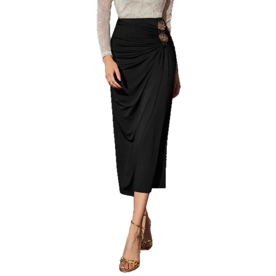 Ladies Nano Tailored Midi Skirt with Side Gather, Draping and Decorative Metal Flowers Mune Fashion