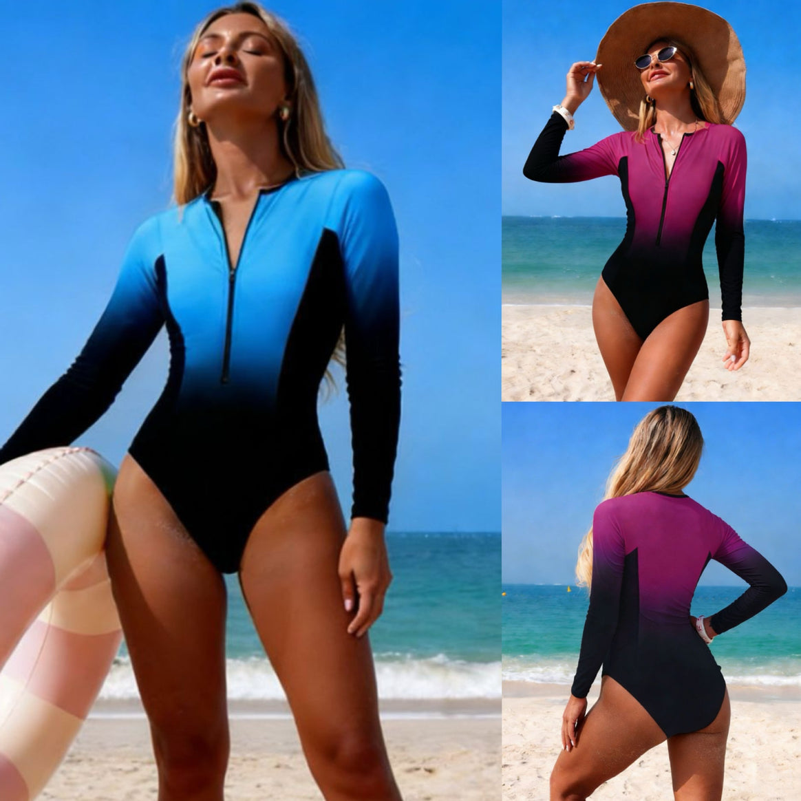 Women's one-piece swimsuit with long sleeves and stylish zipper Mune Fashion