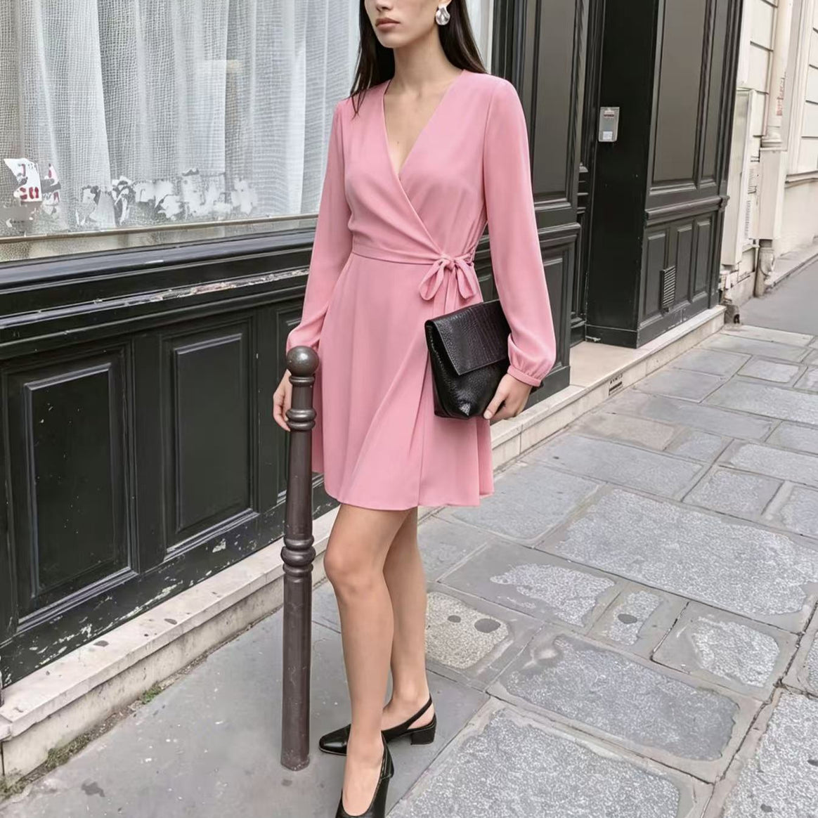 Ladies Elegant Wrap Mini Dress with Deep V-Neck and Long Sleeves Mune Fashion