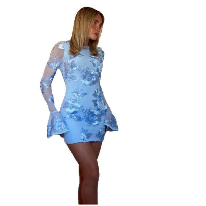 Women's Tight Mini Dress with Floral Lace Applique, Transparent Sleeves and Ruffle Cuffs Mune Fashion