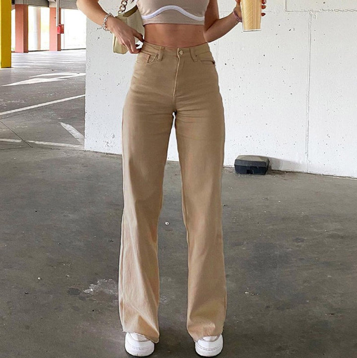 Women high-waisted wide-leg pants made of cotton blend with elongated legs and five-pocket design Mune Fashion