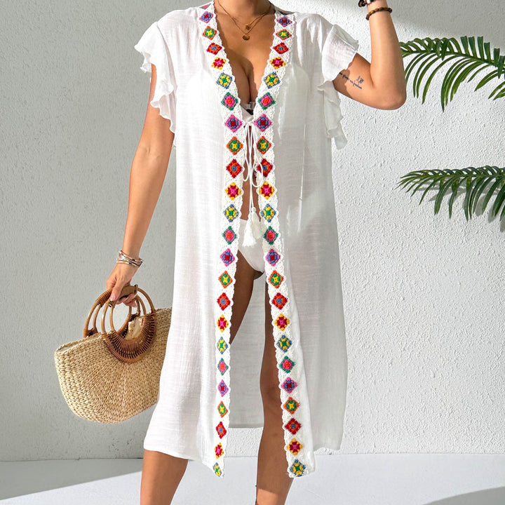 Women's casual beach cover-up with colorful crochet appliqués Mune Fashion