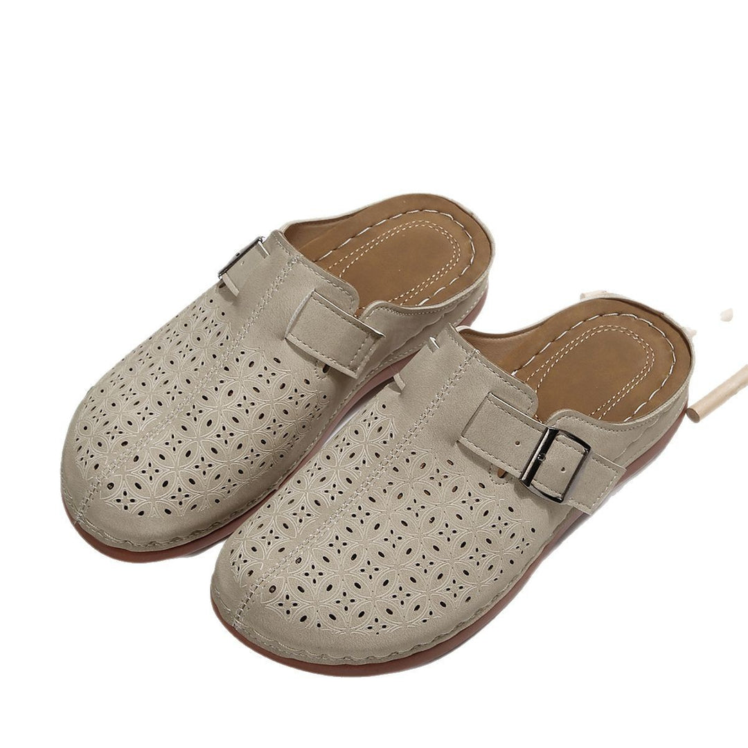 Ladies Perforated Comfort Mule with Adjustable Metal Buckle and Padded Footbed Mune Fashion