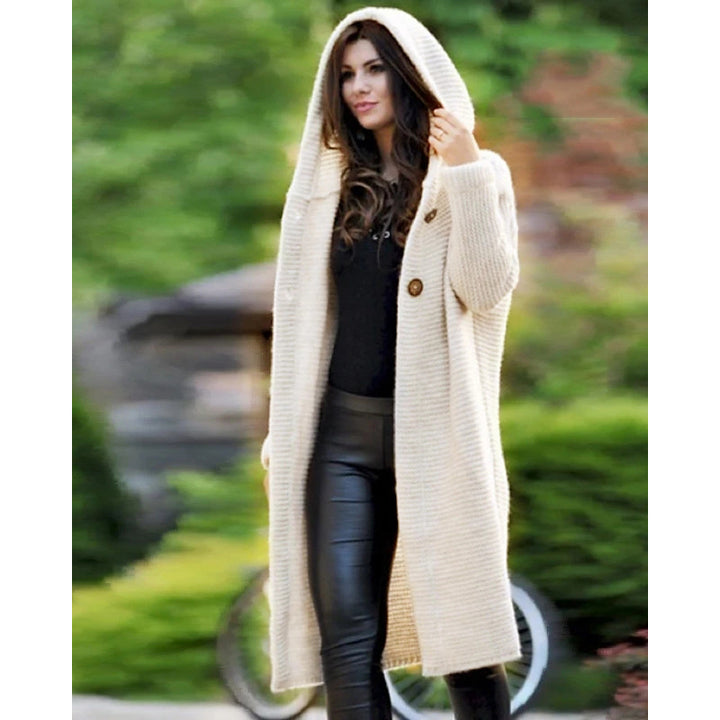 Women's Hooded Knit Coat with Oversized Cut and Button Placket Mune Fashion