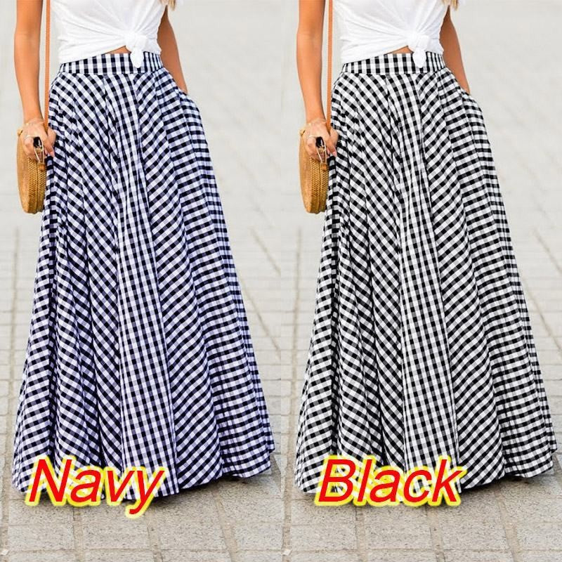 Women’s flared maxi skirt with gingham check, high waistband, and side pockets Mune Fashion