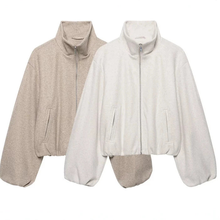 Women's Cropped Fleece Bomber Jacket with Stand-up Collar, Balloon Sleeves and Elastic Hem Mune Fashion