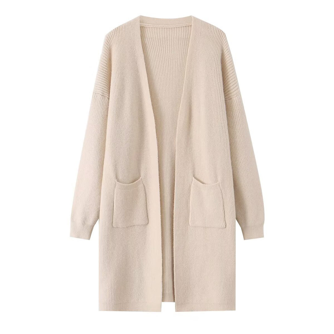 Ladies Longline Knit Cardigan with Patch Pockets and Open Front Mune Fashion